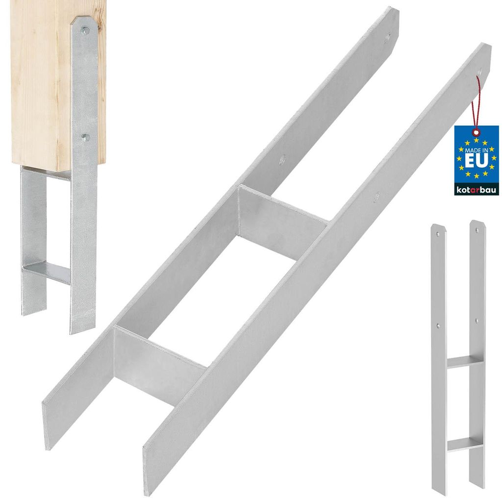A product shot of metal post anchors and a wooden post secured by one of the anchors, set against a white background.