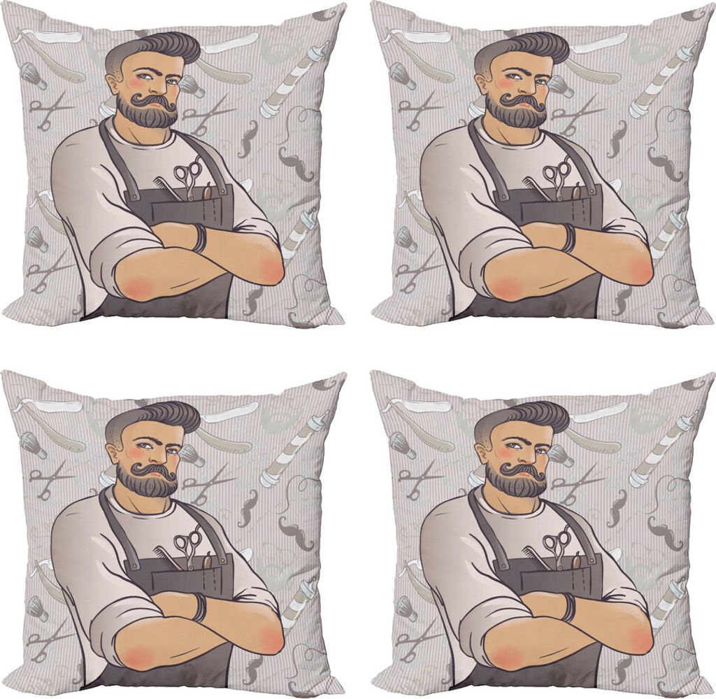 ABAKUHAUS Hipster Kissenbezug Set (4 Stück), Muskulös Barber Man, Moderner Doppelseitiger Digitaldruck, 45 cm x 45 cm, Mehrfarbig