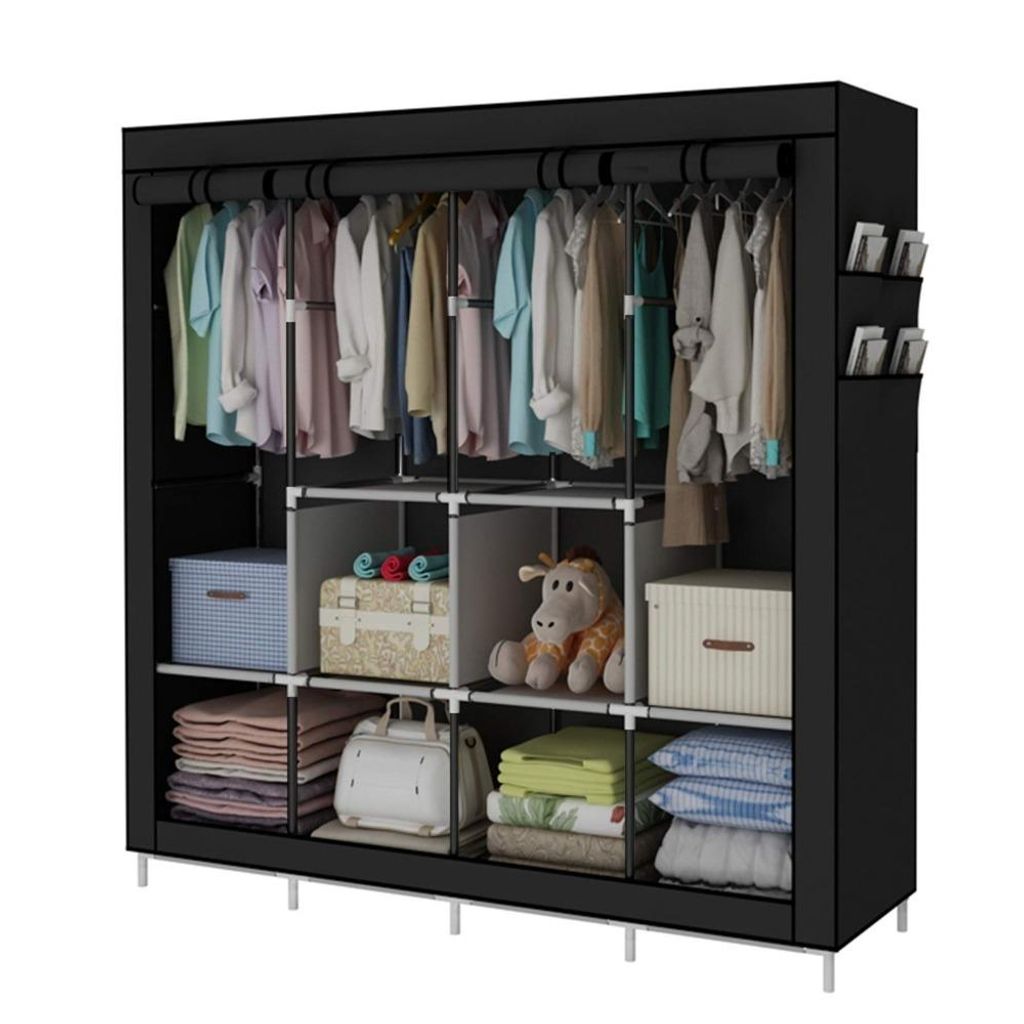 Stoffschrank Faltschrank Kleiderschrank aus Stoff 170x170x45 cm mit Kleiderstangen und Ablagen Schrank mit Reißverschluss Faltbar Schwarz Stahl Vlies