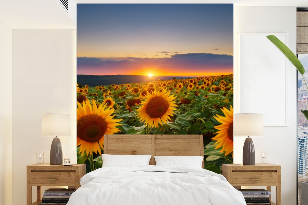 MuchoWow Fototapete für Wohnzimmer oder Schlafzimmer Wandtapete Vinyl Motivtapete Blumen - Nacht - Sonnenuntergang - Sonnenblume - Horizont - 17...