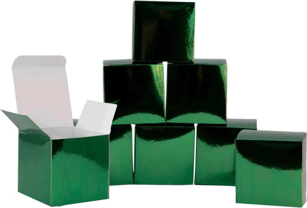 A group of shiny green boxes arranged in a pyramid shape, with one box open in the foreground.