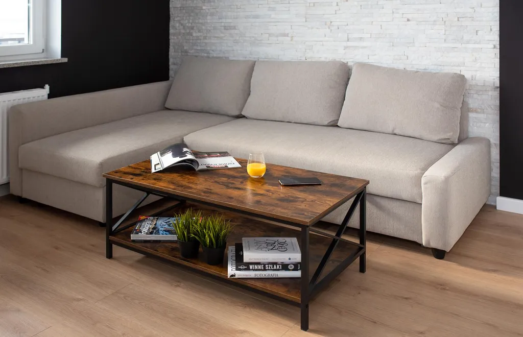 Table à café rustique 100x55 cm avec base métallique robuste noire - 3