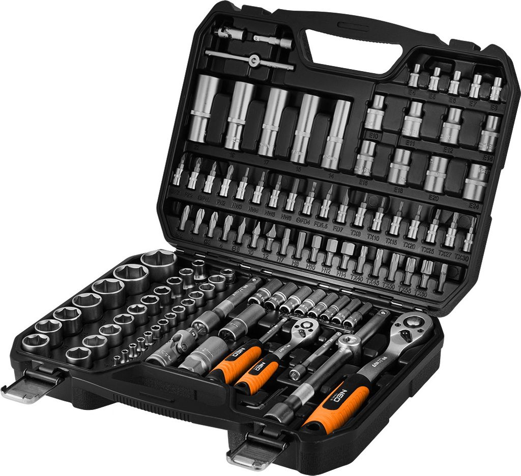 A black toolbox filled with various metal tools.