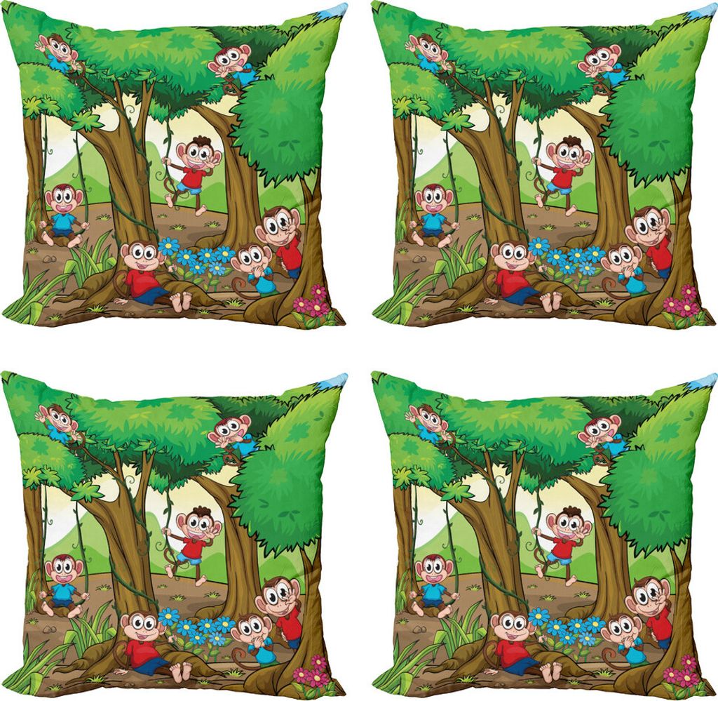 ABAKUHAUS Kindergarten Kissenbezug Set (4 Stück), Kid Affen spielen in Forest, Moderner Doppelseitiger Digitaldruck, 40 cm x 40 cm, Mehrfarbig