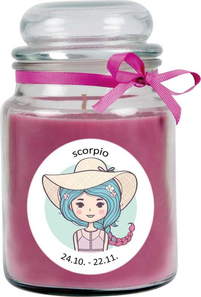 HS Candle "Sternzeichen" Duftkerze Lavendel im Bonbonglas ( Skorpion ) - viele Motive zur Auswahl, 500g - Brenndauer bis zu 110 Std - Scorpio