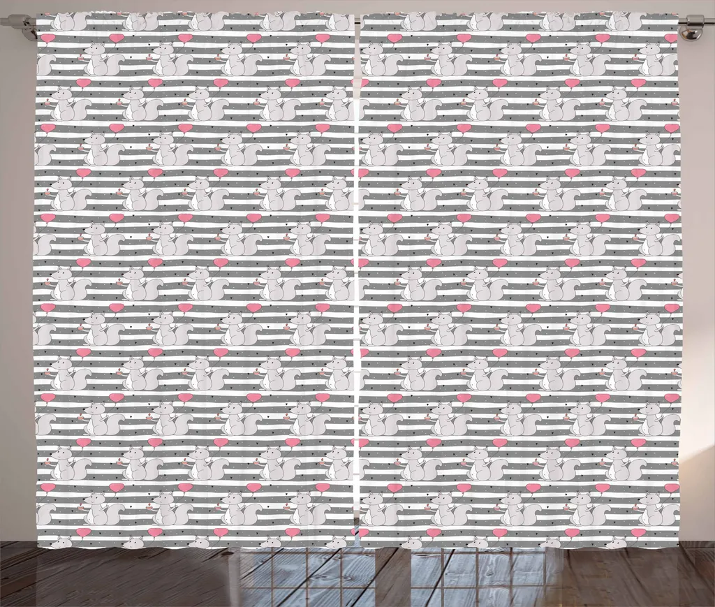 ABAKUHAUS Tenda rustica con animali, scoiattolo con torta di compleanno, tenda per camera da letto con passanti e ganci, 280 x 175 cm, bianco grigio rosa