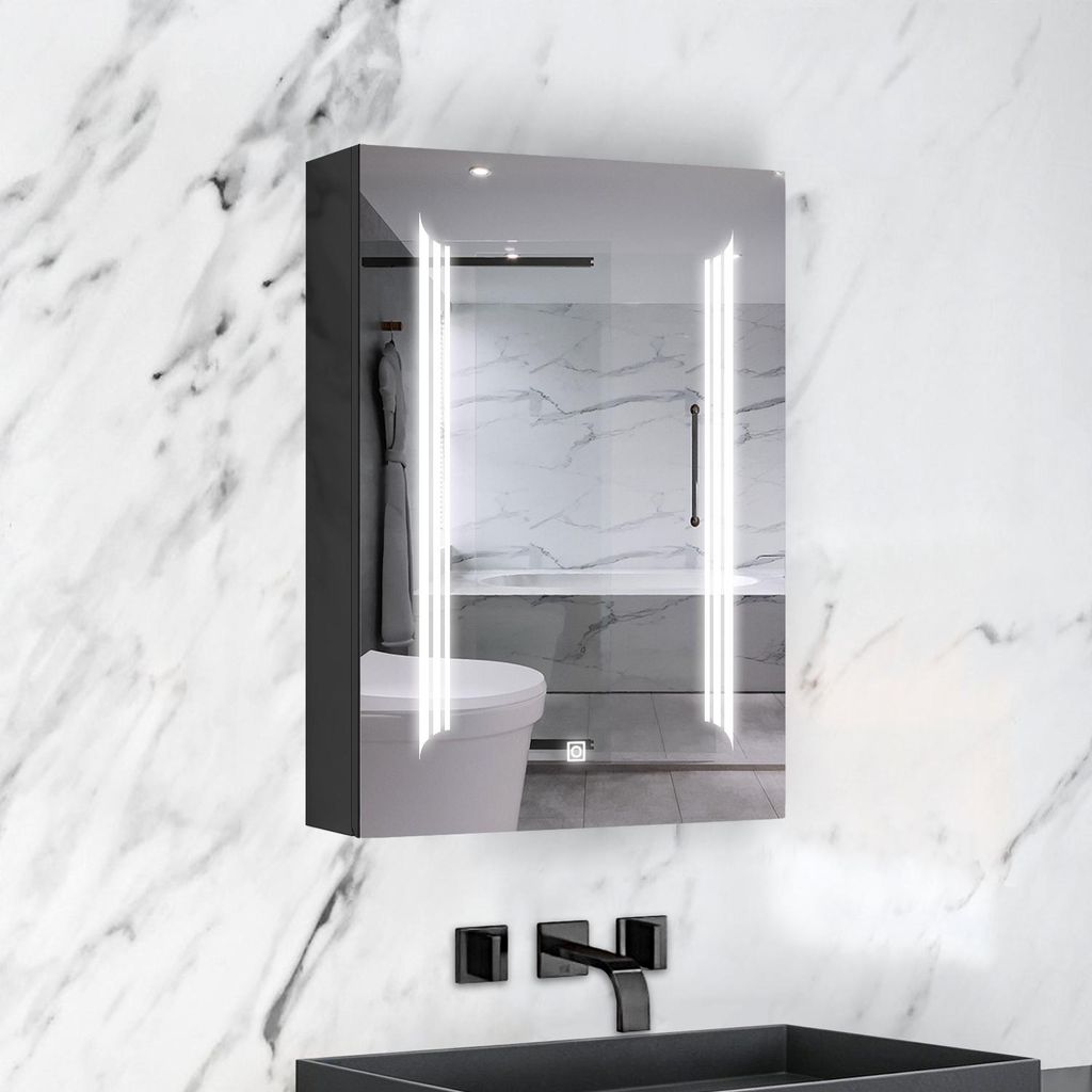 AICA LED Spiegelschrank mit Steckdose und Touchschalter, 60x70cm | 3 Lichtfarben + dimmbar | Anti-Beschlag | Hochglanz Schwarz