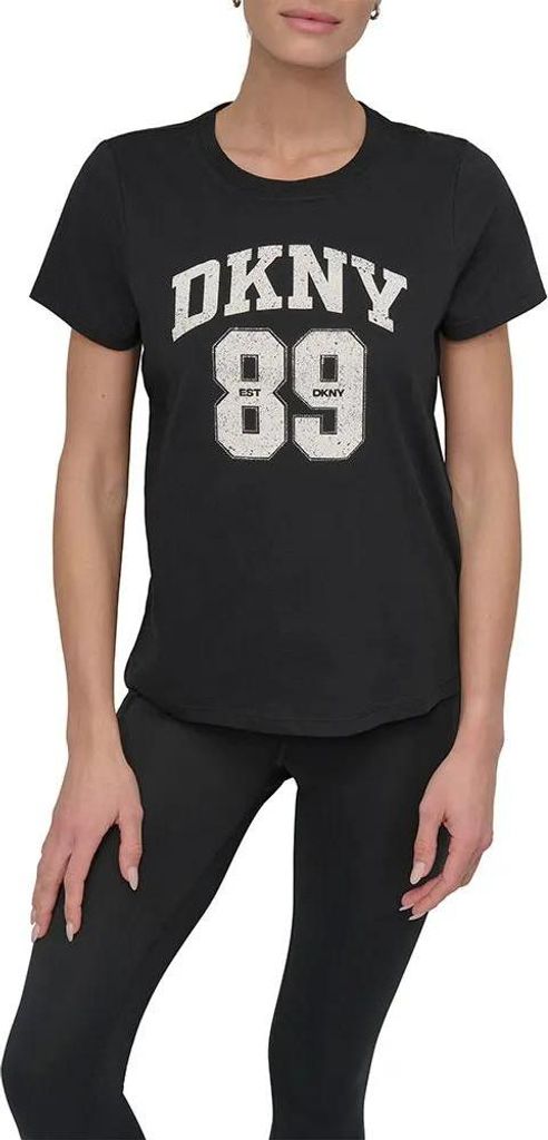 Dkny Arched 89 Distressed Rhinestone Logo Kurzarm-t-shirt Schwarz XS Damen Schwarz XS