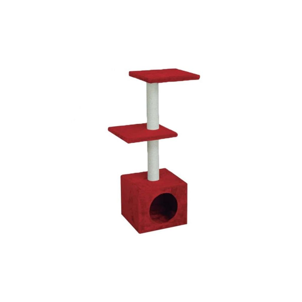 Kratzbaum amelie rot dreiHöhen mit Katzenklappe 89x30x30cm nayeco