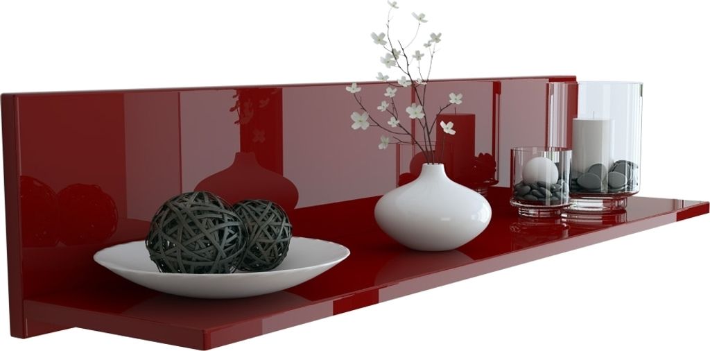 A red high-gloss shelf with decorative items.