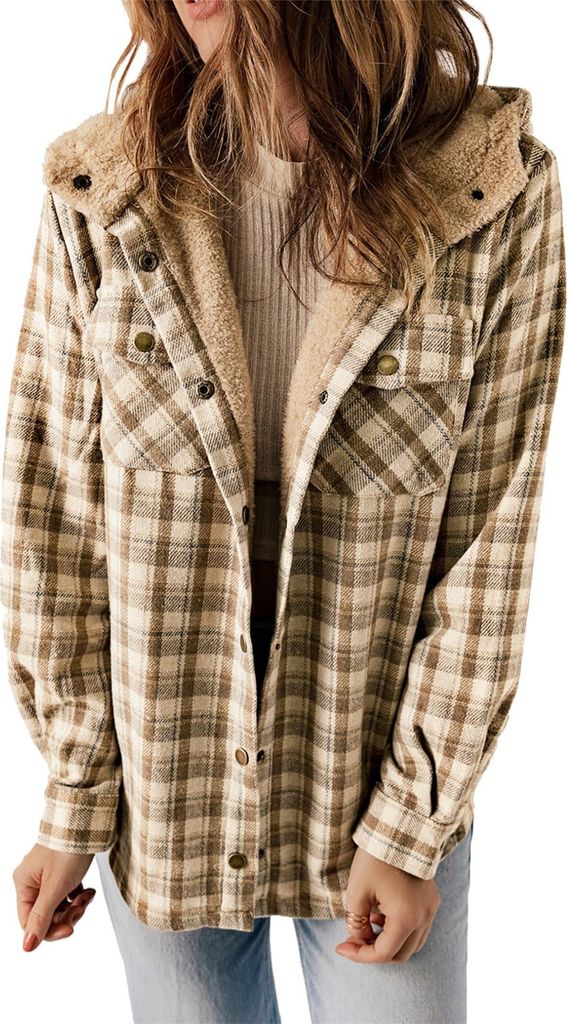 ASKSA Damen Jacke Karierte Winterjacke Oversize Langarm Winter Warme Gefuettert mit Kapuze Knoepfen Casual Maentel Jacken (Khaki,XL)