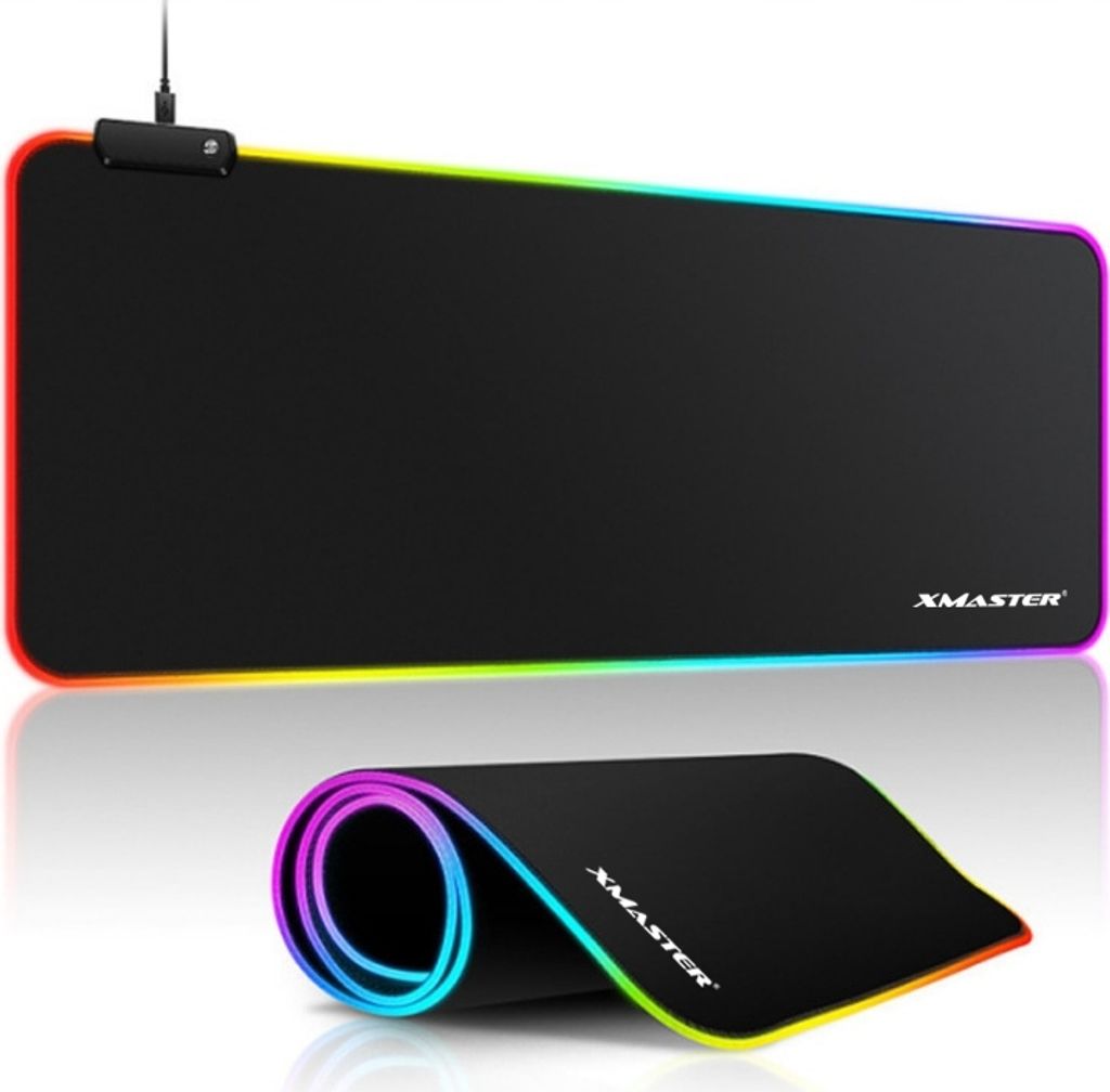 A gaming mousepad with RGB lighting is shown, both flat and rolled up.