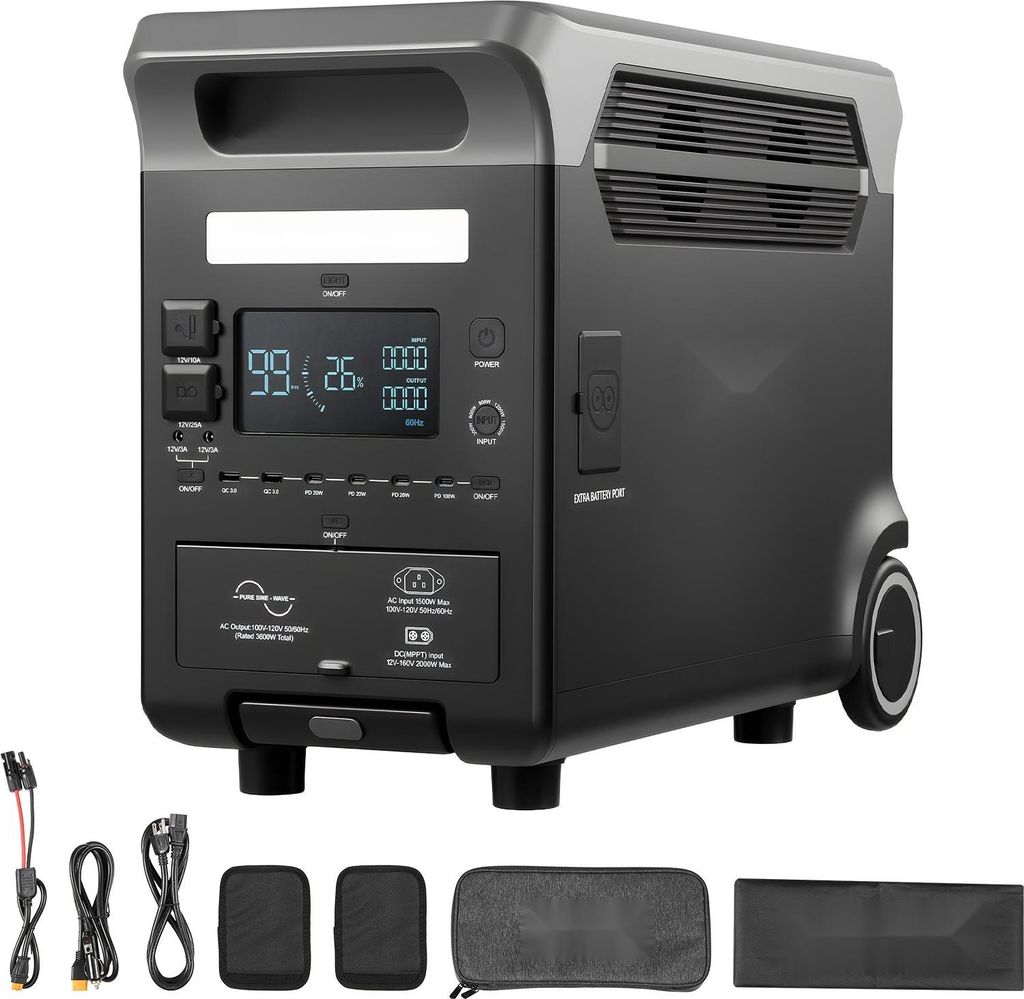 Tragbare Powerstation - Solargenerator - Ausgangsleistung 3600 W - Kapazität 3840 Wh - 10 Ausgänge - LiFePO4-Akku - Einstellbare Eingangsleistung...