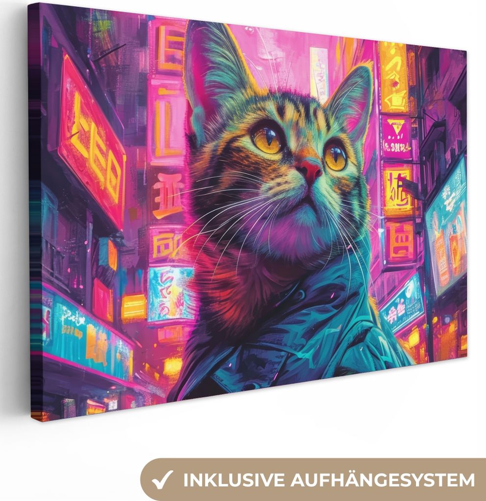 MuchoWow - Leinwandbilder - Katze - Pop-Art - China - Neon - Stadt, Wandbild, Wanddeko Bilder Wohnzimmer, 90x60 cm