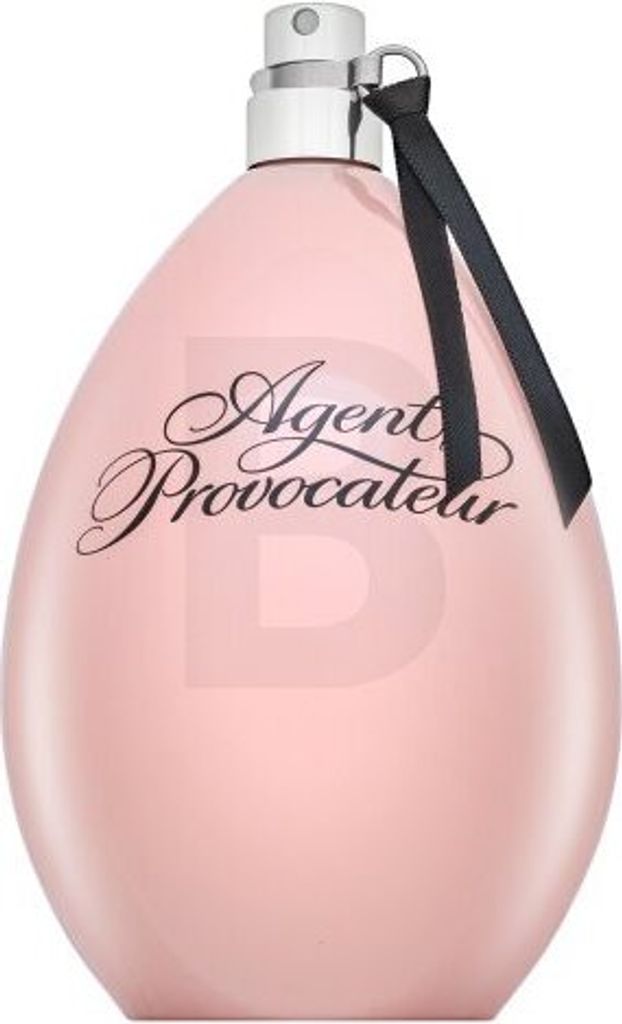 A pink perfume bottle with a black ribbon and silver accents.