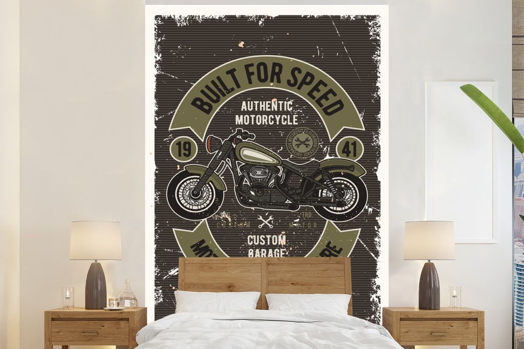 MuchoWow Fototapete für Wohnzimmer oder Schlafzimmer Wandtapete Vinyl Motivtapete Vintage - Motor - Grün - 225x350 cm - Schlafzimmer tapete