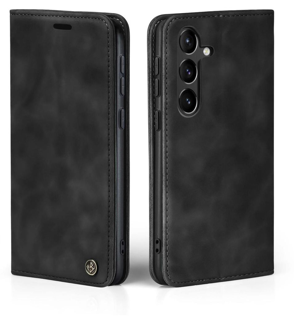 A black flip case for a smartphone is shown from two angles.