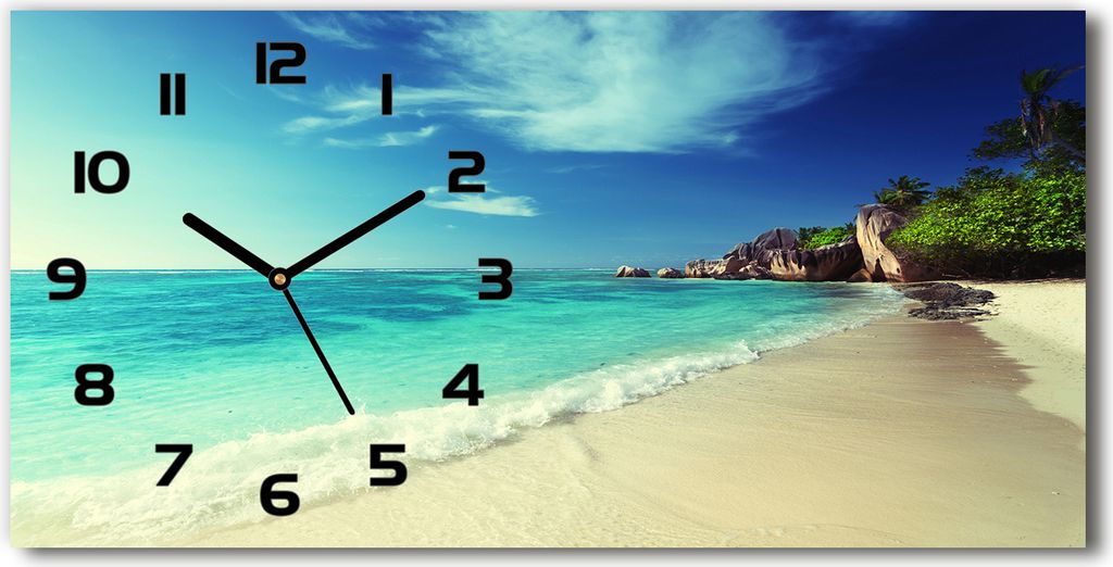 Wanduhr aus Glas – 60x30 cm - Glasbild - Glasuhr - Gehärtetes Glas - schwarze-zeiger - Seychellen-Strand