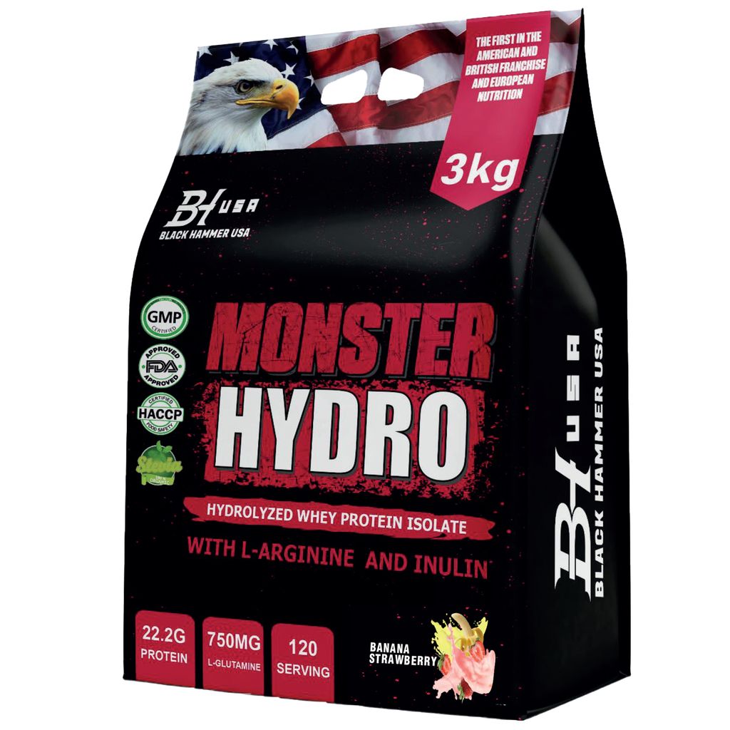 Monster Hydro 3000 g Banane-Erdbeere – Hydrolysiertes Whey Isolat mit 22,2 g Protein, L-Arginin, Inulin & Taurine – 120 Portionen – Black Ham...