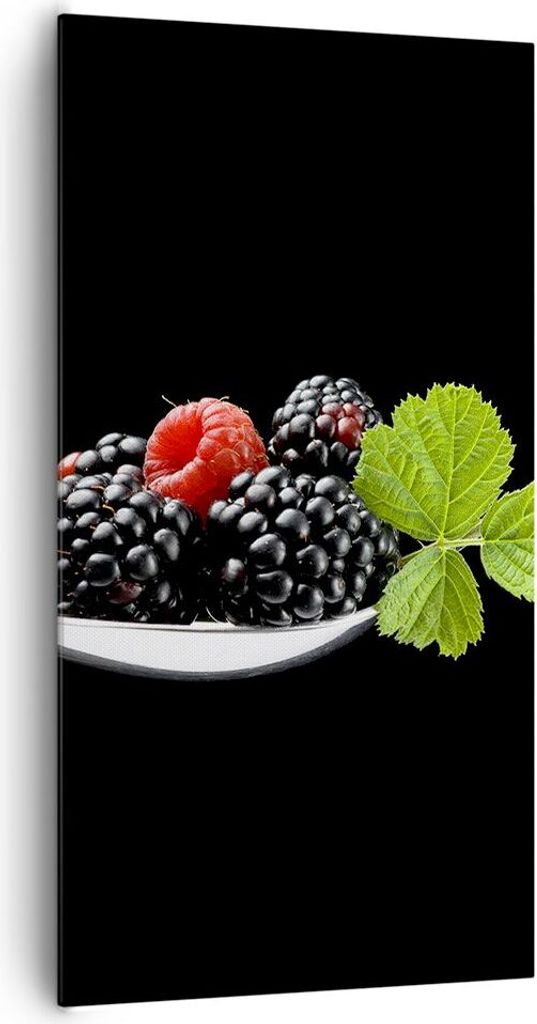 Bild auf Leinwand - Leinwandbild - Löffel Himbeere Brombeere Frucht - 65x120cm - Wand Bild - Wanddeko - Leinwanddruck - Bilder - Kunstdruck - Lein...