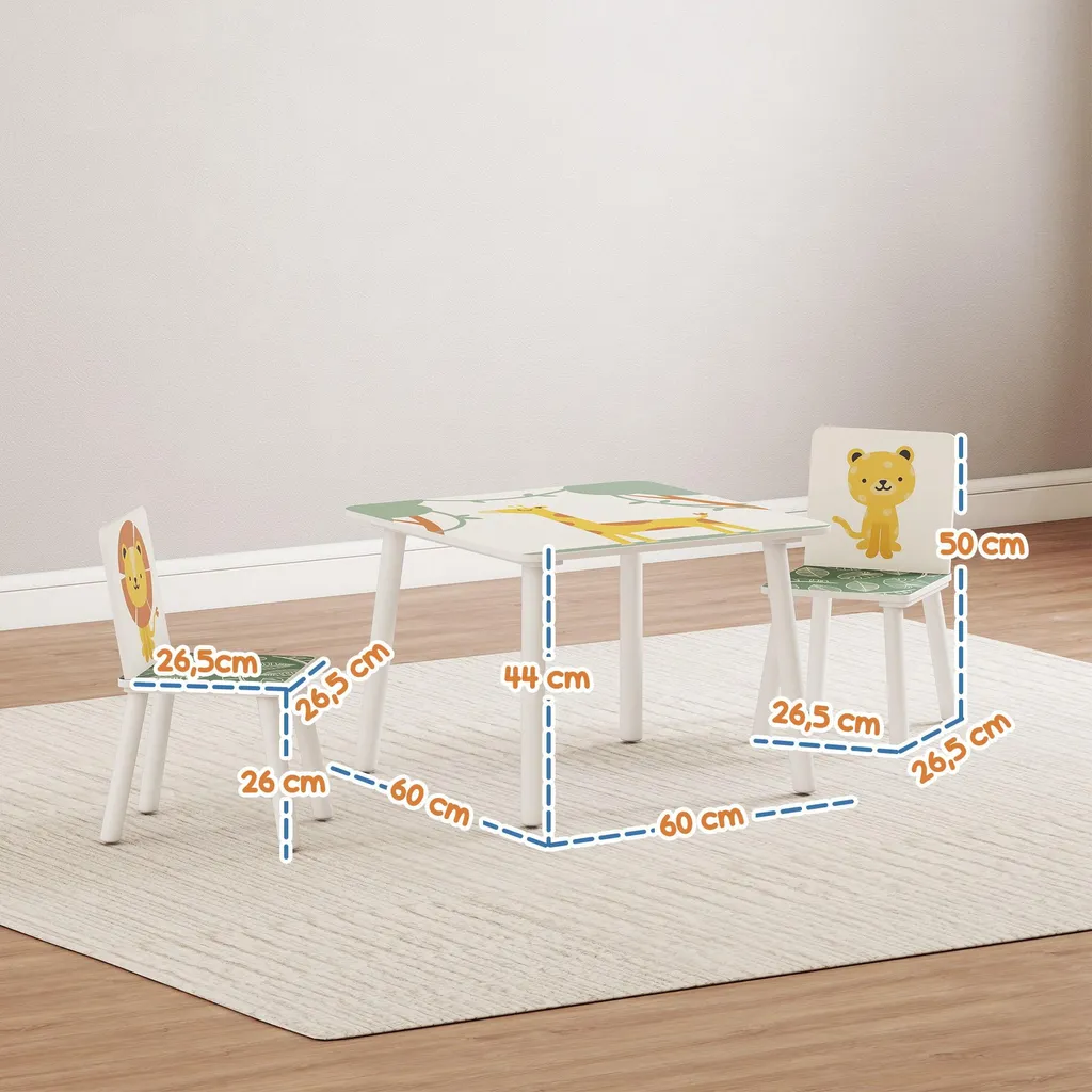 Bureau enfant pour dessiner et étudier vert avec 2 chaises en bois