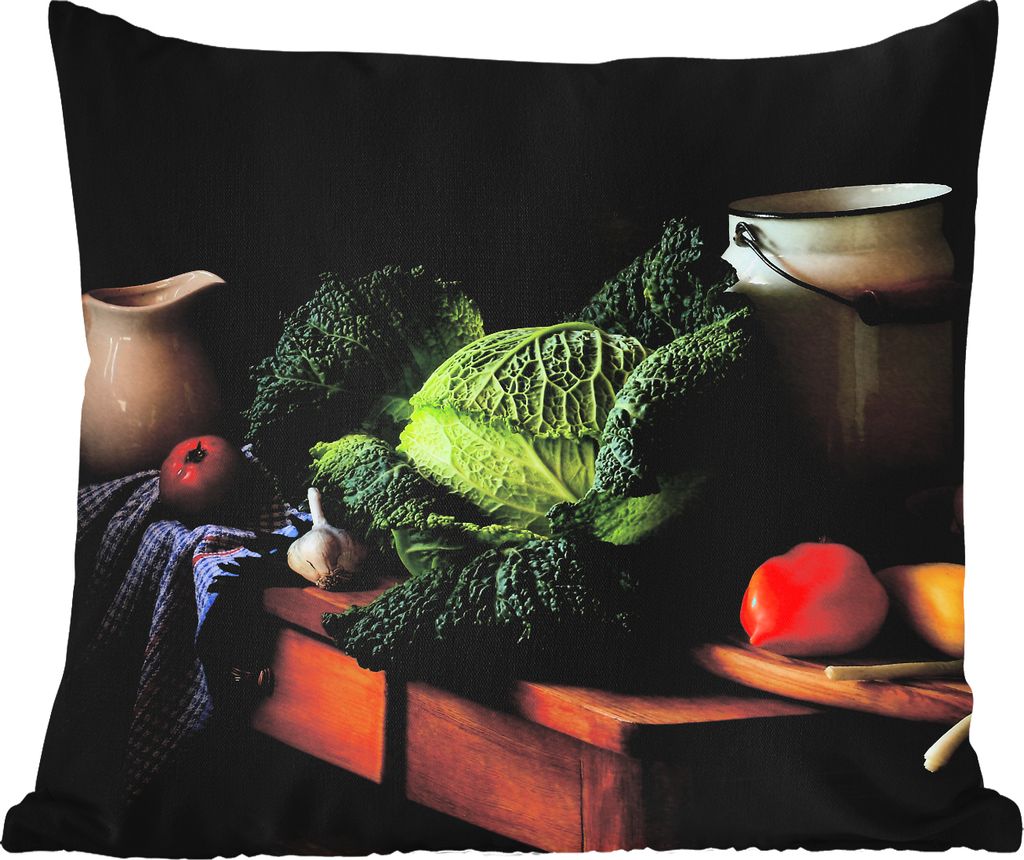 MuchoWow Outdoor Kissen - Stilleben - Kohl - Milchkännchen - 50x50 cm - Wetterfest - Lounge Kissen - Komfortabel - Kissen mit Bild