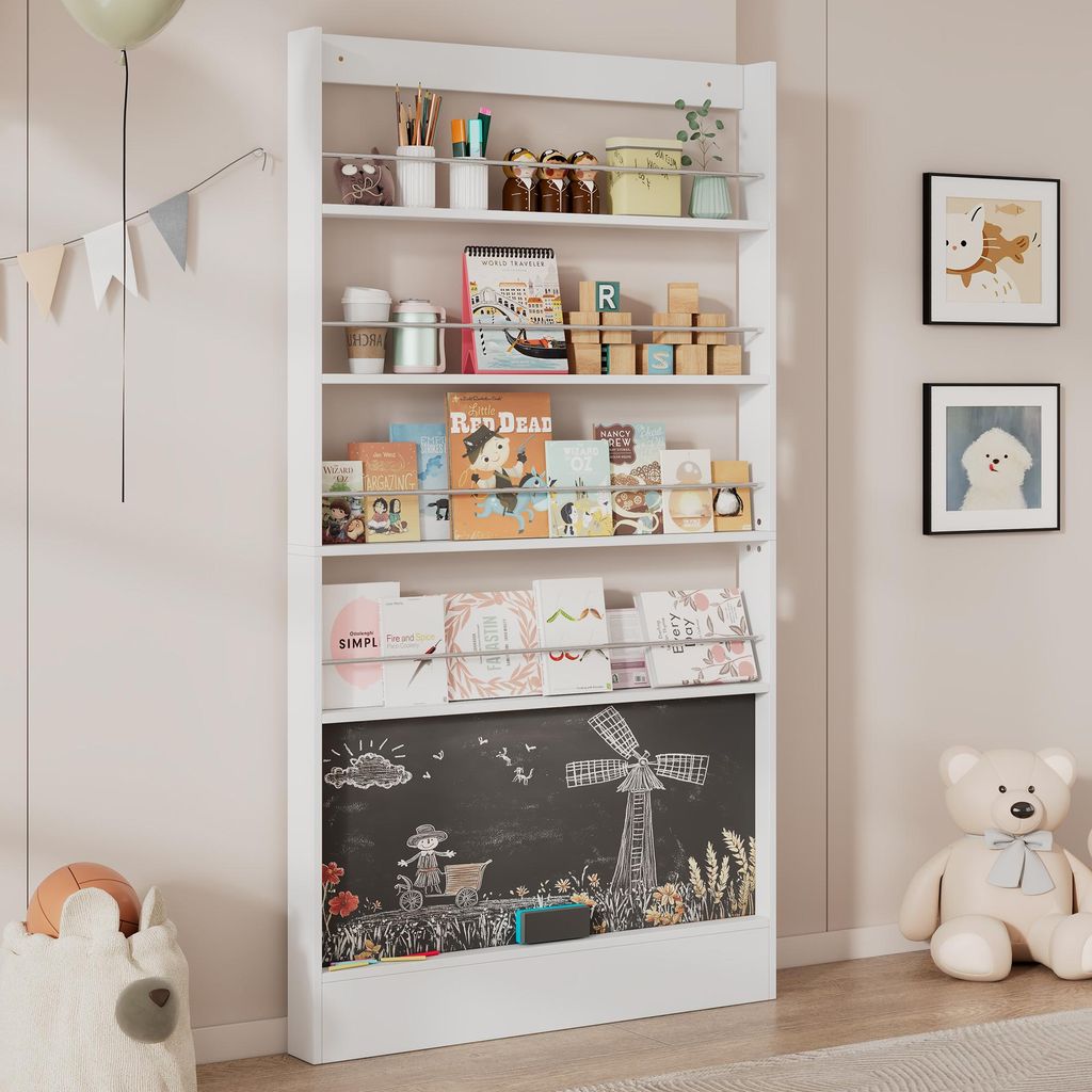 Bücherregal Kinder Wandregal Kinderregal Aufbewahrungsregal mit bemalbares Schwarzbord 4 Ablagen für Bücher Spielzeug und Deko Kinderzimmer Möbel