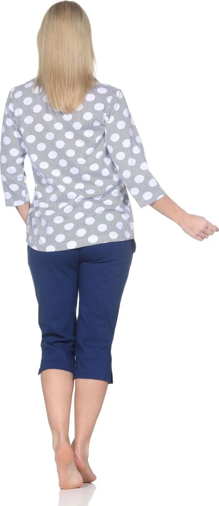 Normann Damen kurzarm Schlafanzug Capri Pyjama in Tupfen-Punkte Optik - auch in Übergröße ; marine , 56