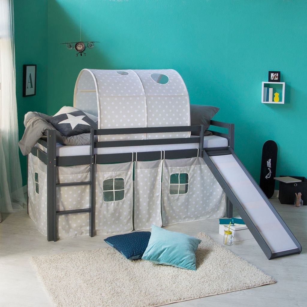 Homestyle4u Hochbett 90x200 Kinder Weiß ohne Lattenrost mit Rutsche Tunnel Sternen Vorhang Spielbett