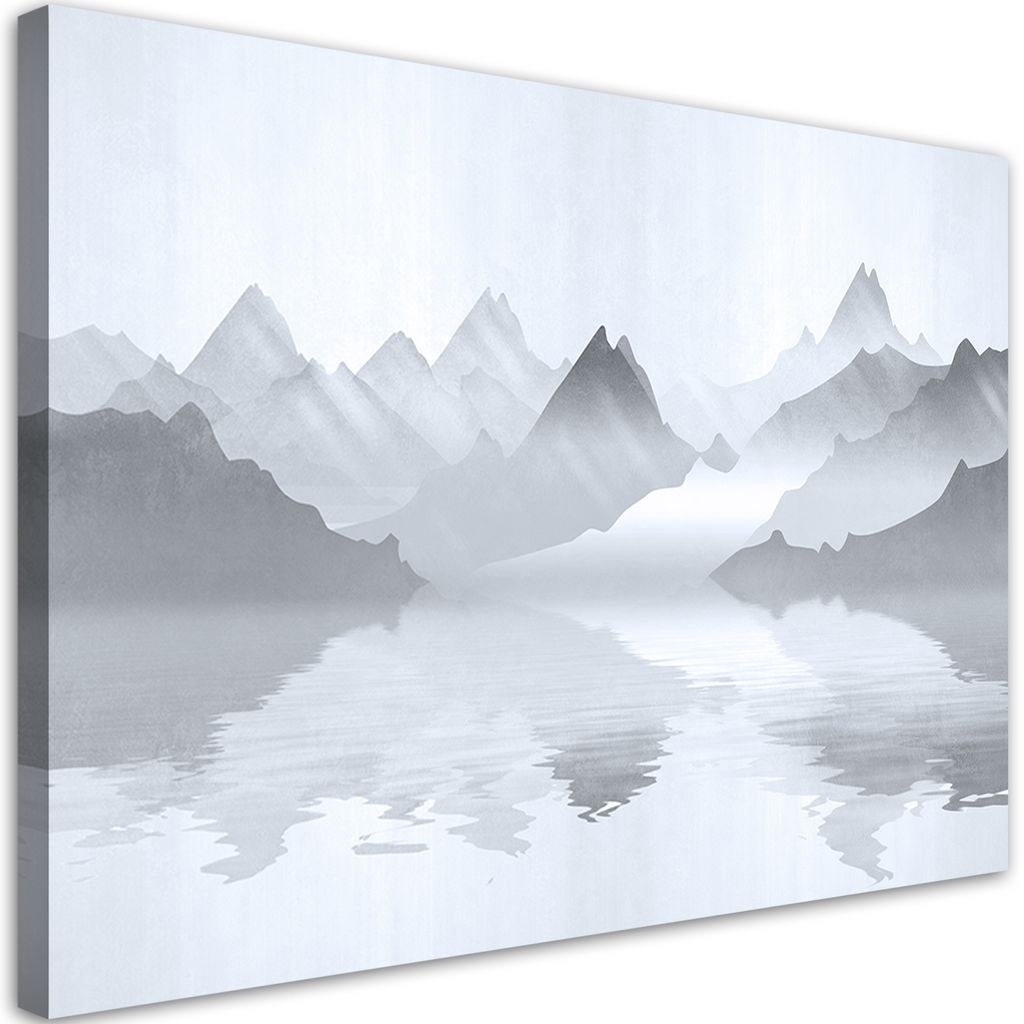 Leinwandbild Berge am See Abstraktion 90x60 Feeby Grau bild für die wand bereit zum aufhängen