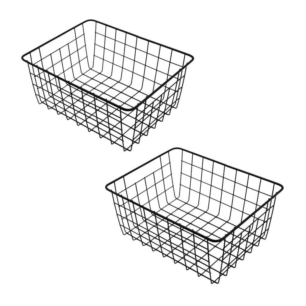 Two black wire baskets on a white background.
