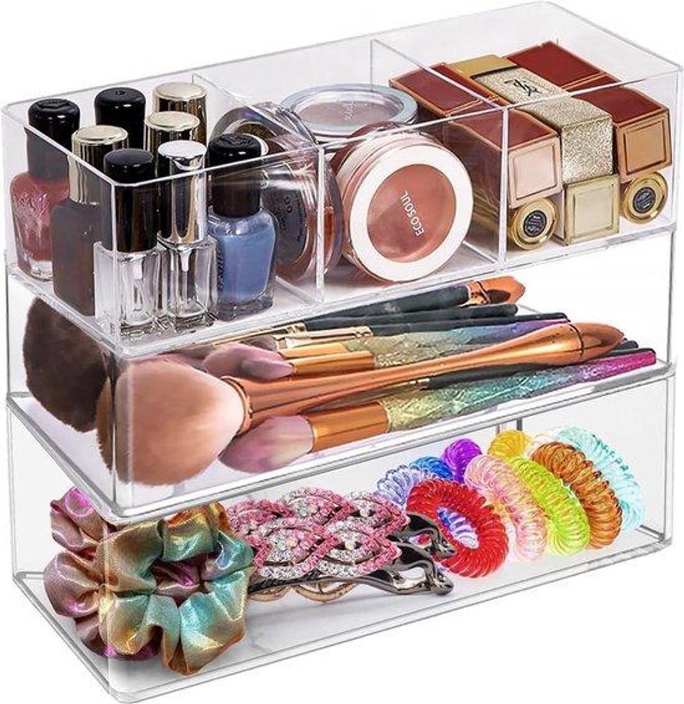 Transparanter Make-up-Organizer-Set aus 3 Stücken mit Entfernbaren Fächern für Kosmetik und Accessoires
