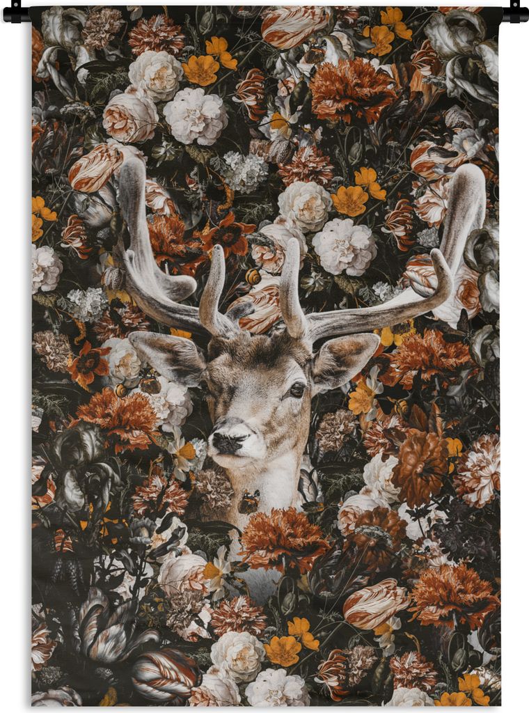 MuchoWow Wandteppich Wandbehang Hirsch - Orange - Geweih 60x90 cm Tapisserie Dekoration Wandtuch - Foto-Teppich - Abwaschbar