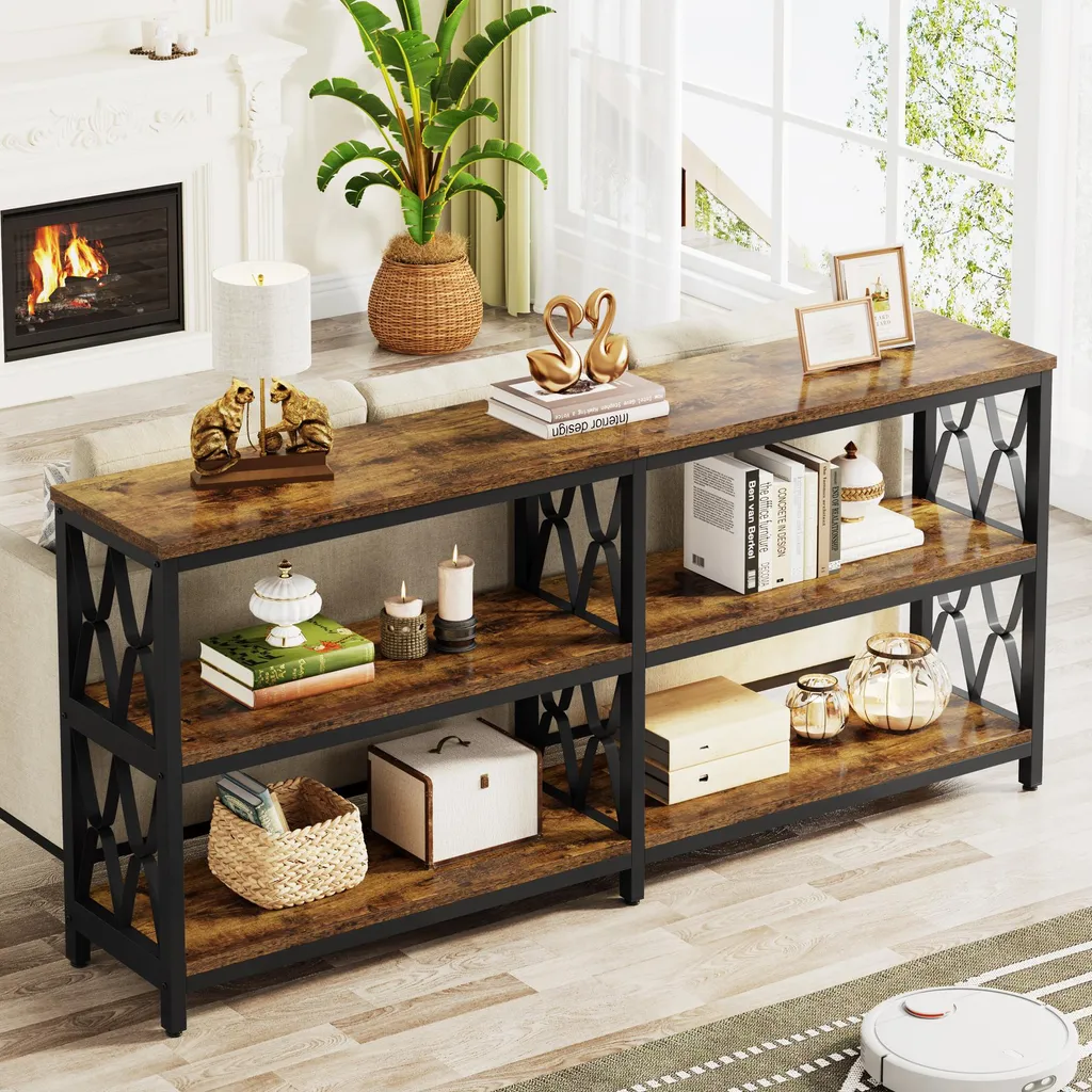 Table console industrielle à 3 niveaux en bois rustique et métal noir - 3