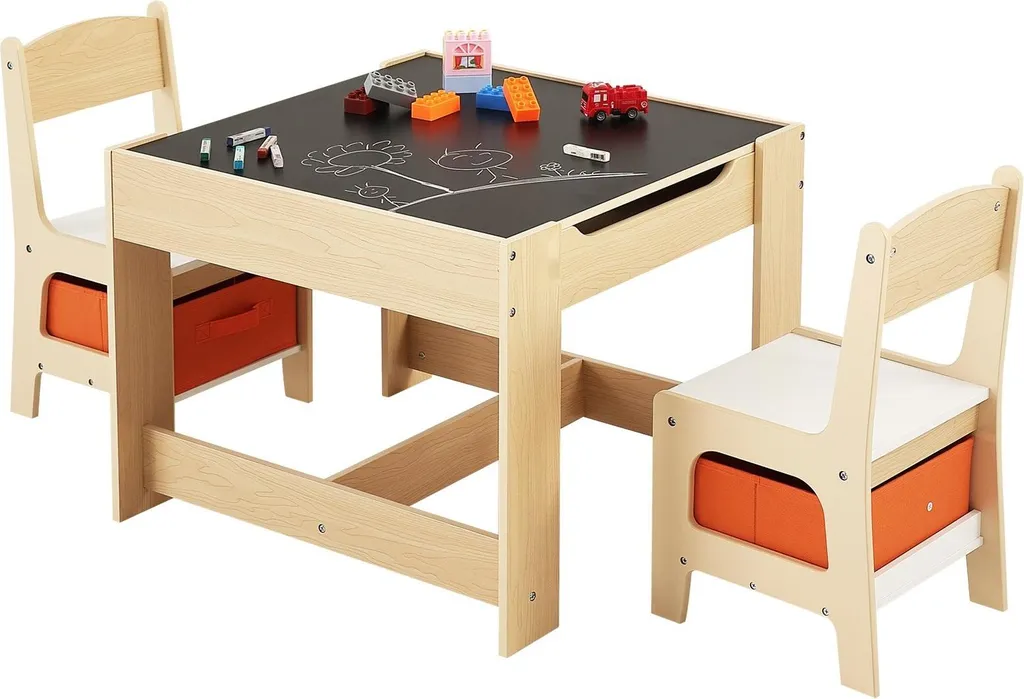 Set Scrivania Bambini Legno con Sedie e Box Tessuto - Ergonomia e Ordine
