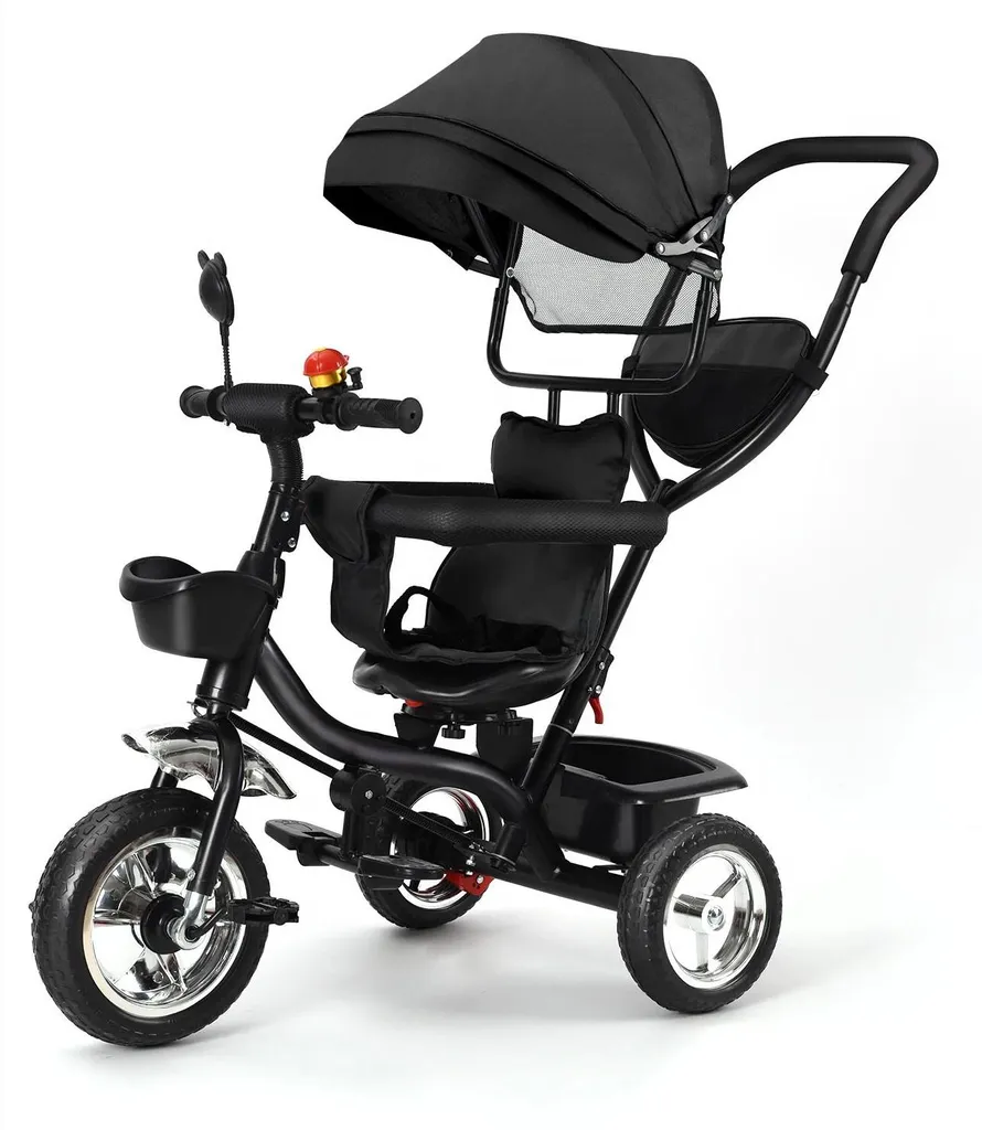 Tricycle évolutif bébé 6 en 1 avec canne parentale et ceinture, noir