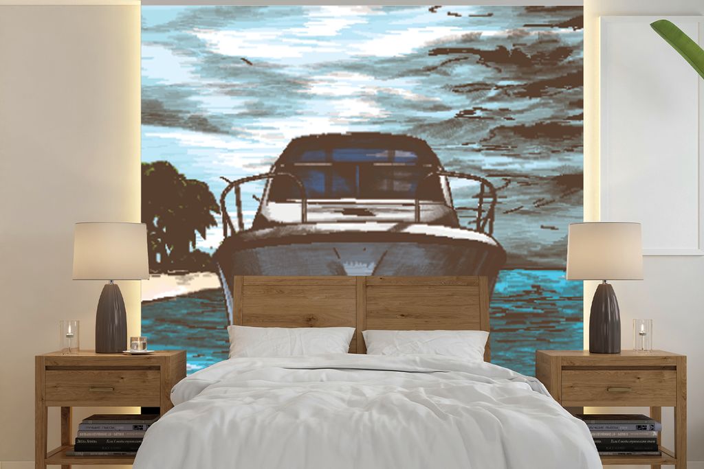MuchoWow Fototapete für Wohnzimmer oder Schlafzimmer Wandtapete Vinyl Motivtapete Boot - Meer - Farben - 220x220 cm - Tapeten