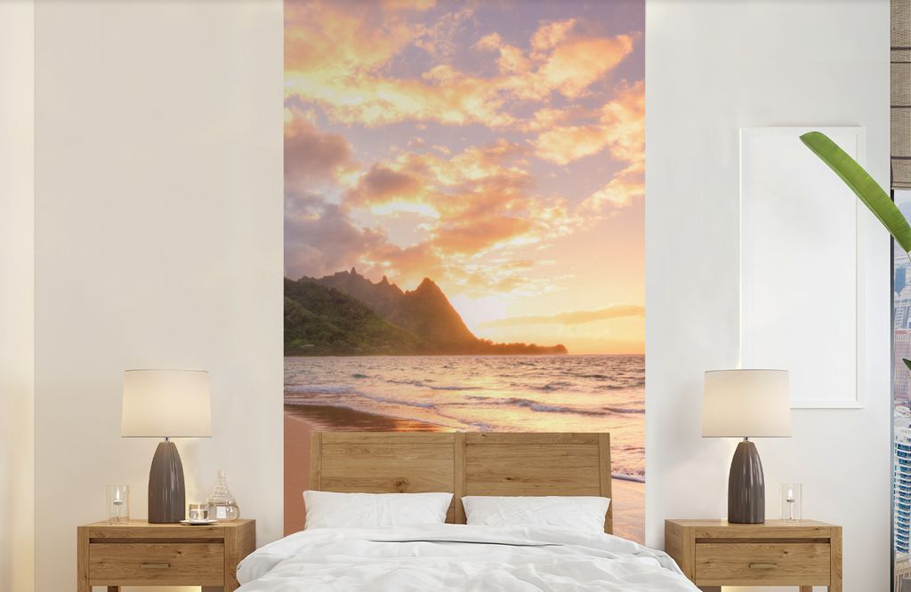MuchoWow Fototapete für Wohnzimmer oder Schlafzimmer Wandtapete Vinyl Motivtapete Sonnenuntergang auf Kauai - 120x240 cm - Hintergrundbild
