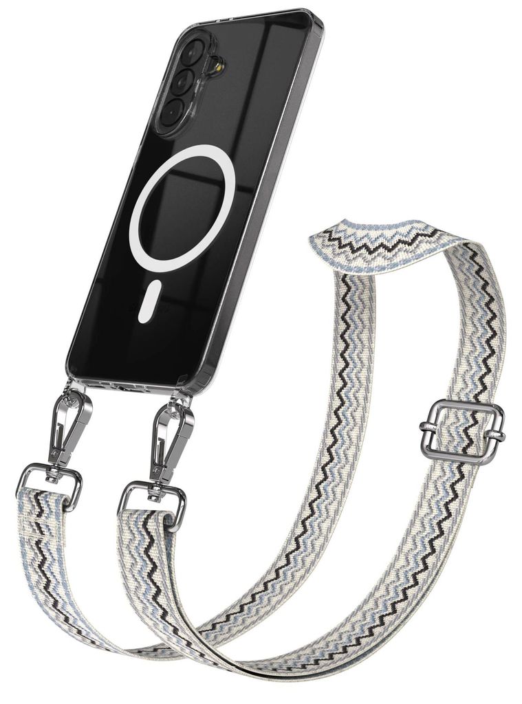 EAZY CASE - Handykette mit MagSafe Hülle für Samsung Galaxy A37, Handyband Wave Style, Karabiner Silber, Umhängeband in Beige