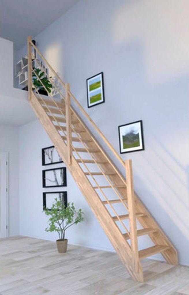 Pertura Wangentreppe Notos Eiche ohne Setzstufen Seitenwange unbehandelt Eiche gerade 83 cm 13 Stufen / 14 Steigungen Stabgeländer