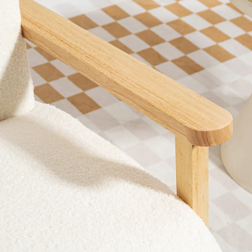 Fauteuil de salon tissu bouclé blanc crème et structure robuste bois - 9