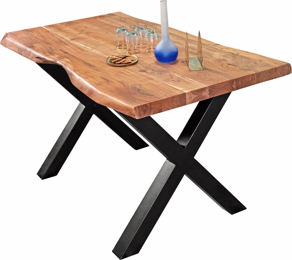 Esstisch Baumkante massiv Akazie Natur 180 x 90 X-Gestell schwarz CALI