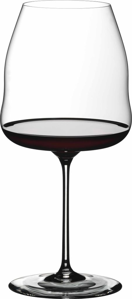 A single wine glass filled with red wine, isolated on a white background.