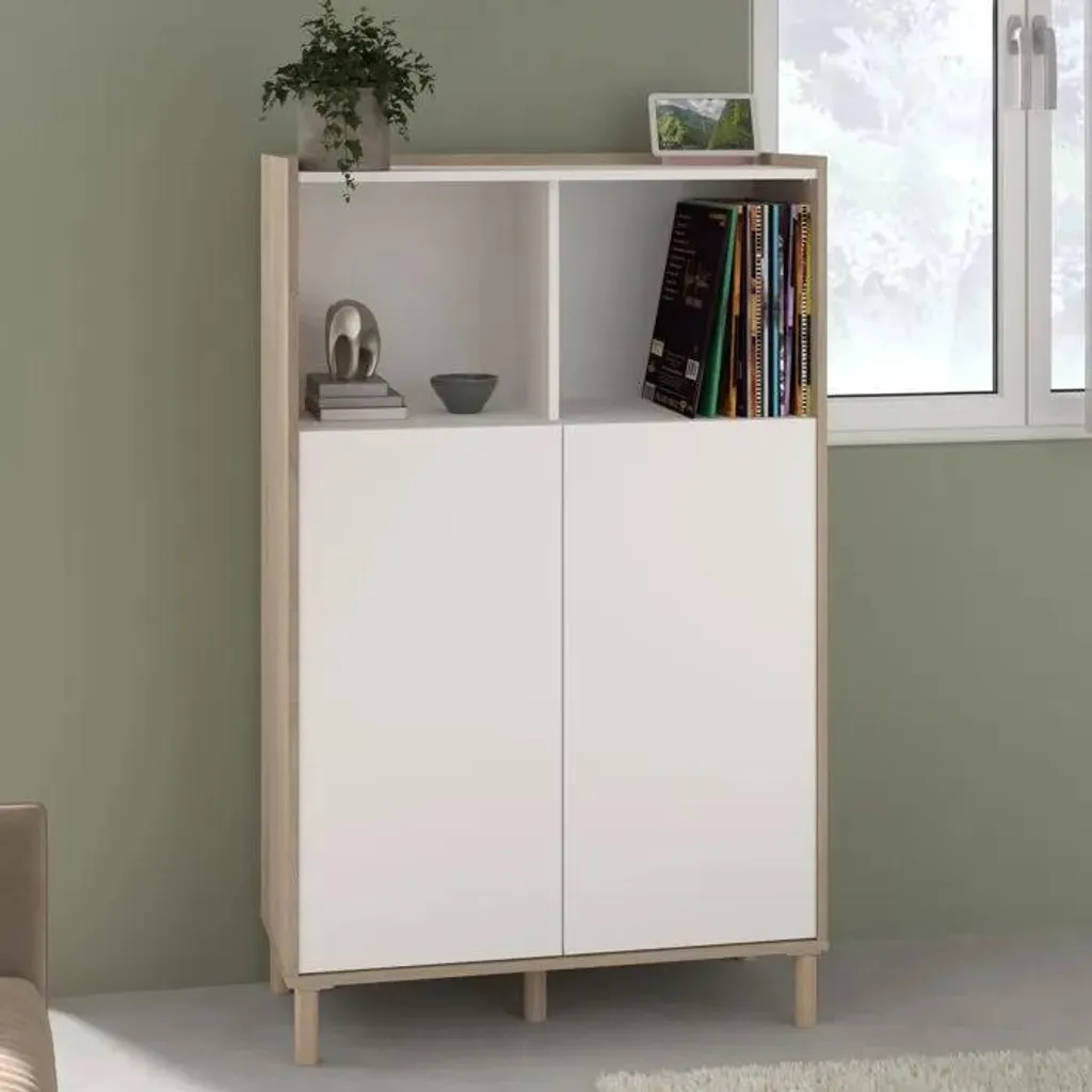 Vaisselier haut MORPHOS coloris blanc et bois avec 2 grandes portes