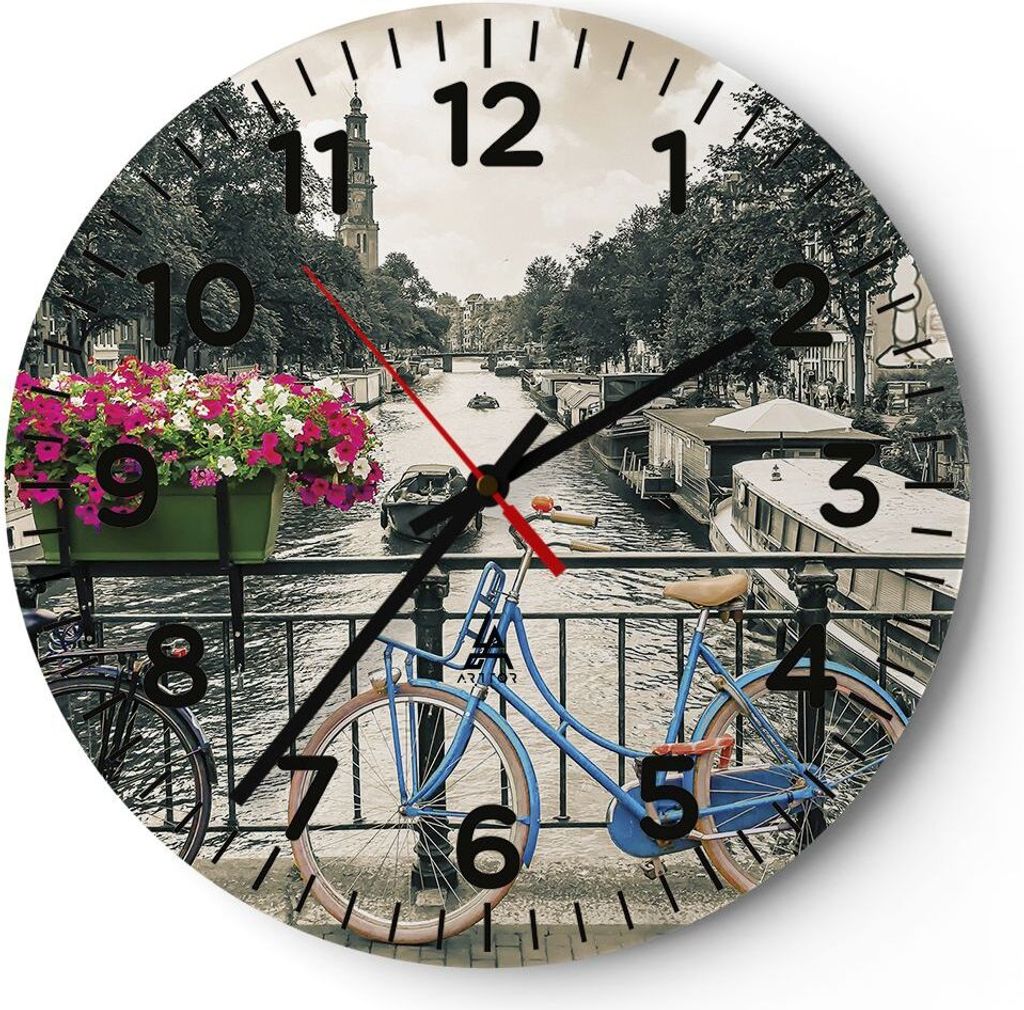 Wanduhr - Rund - Glasuhr - Amsterdam Fahrräder Brücke - 40x40cm - Schleichendes Uhrwerk - Lautlos - zum Aufhängen bereit - Dekoration Modern - W...