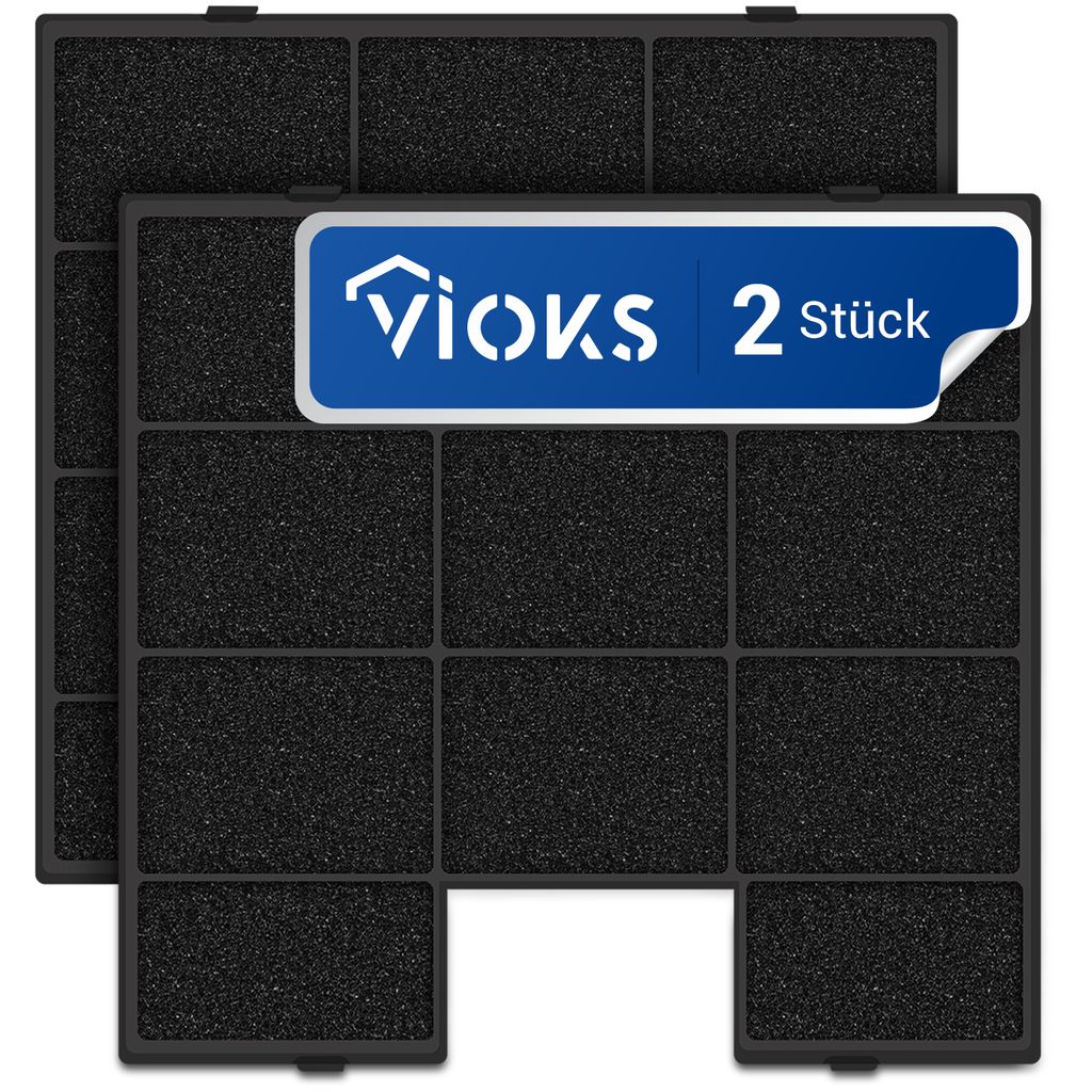 Two charcoal filters for a range hood are shown, with a blue overlay indicating the brand and quantity.