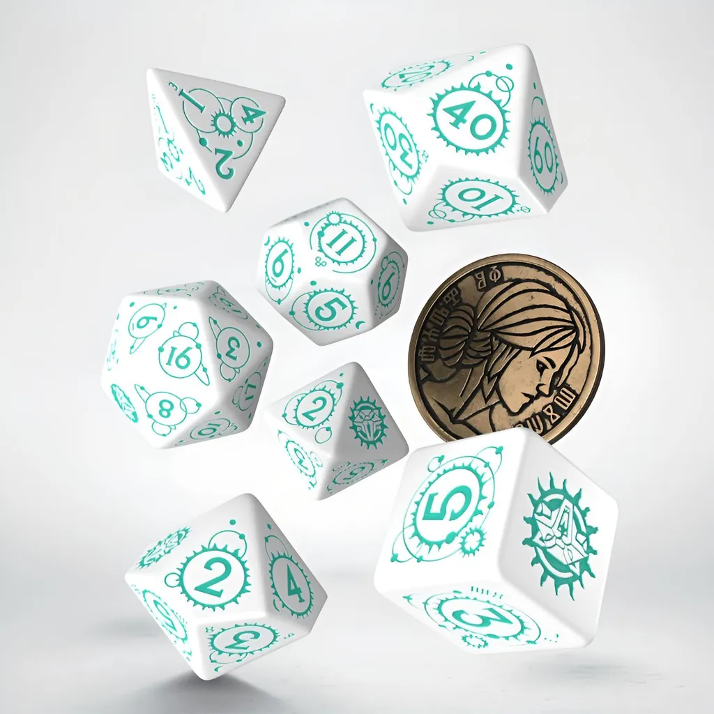 Dés de jeu The Witcher Ciri blancs et noirs avec gravures runes 7+1 pcs