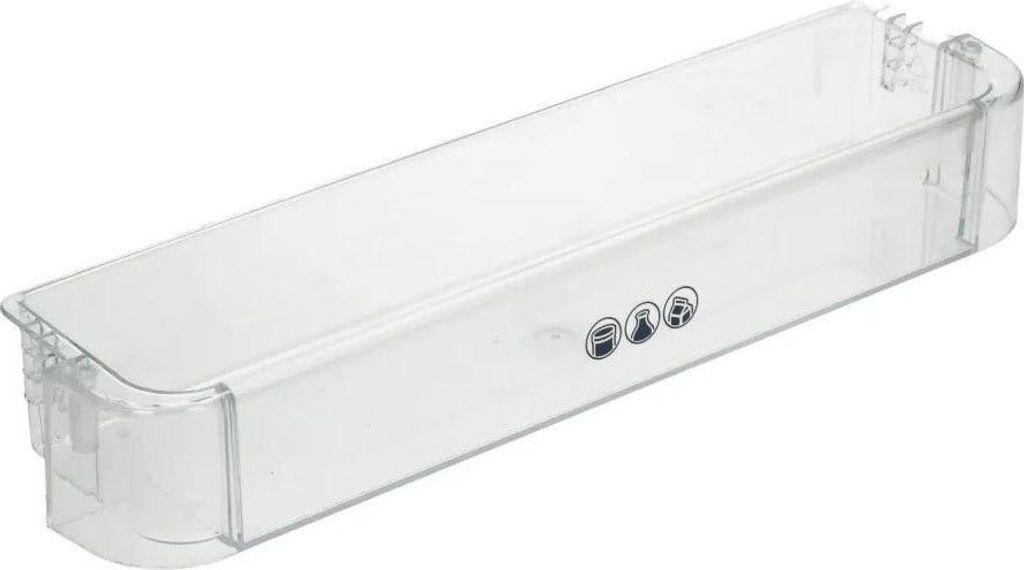 A clear plastic refrigerator shelf or bottle holder is shown against a white background.