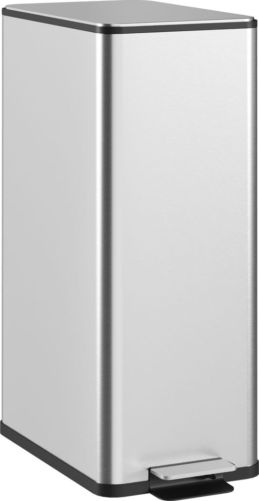 A silver rectangular trash can with a black pedal at the bottom, shown from a slightly angled front view against a white background.