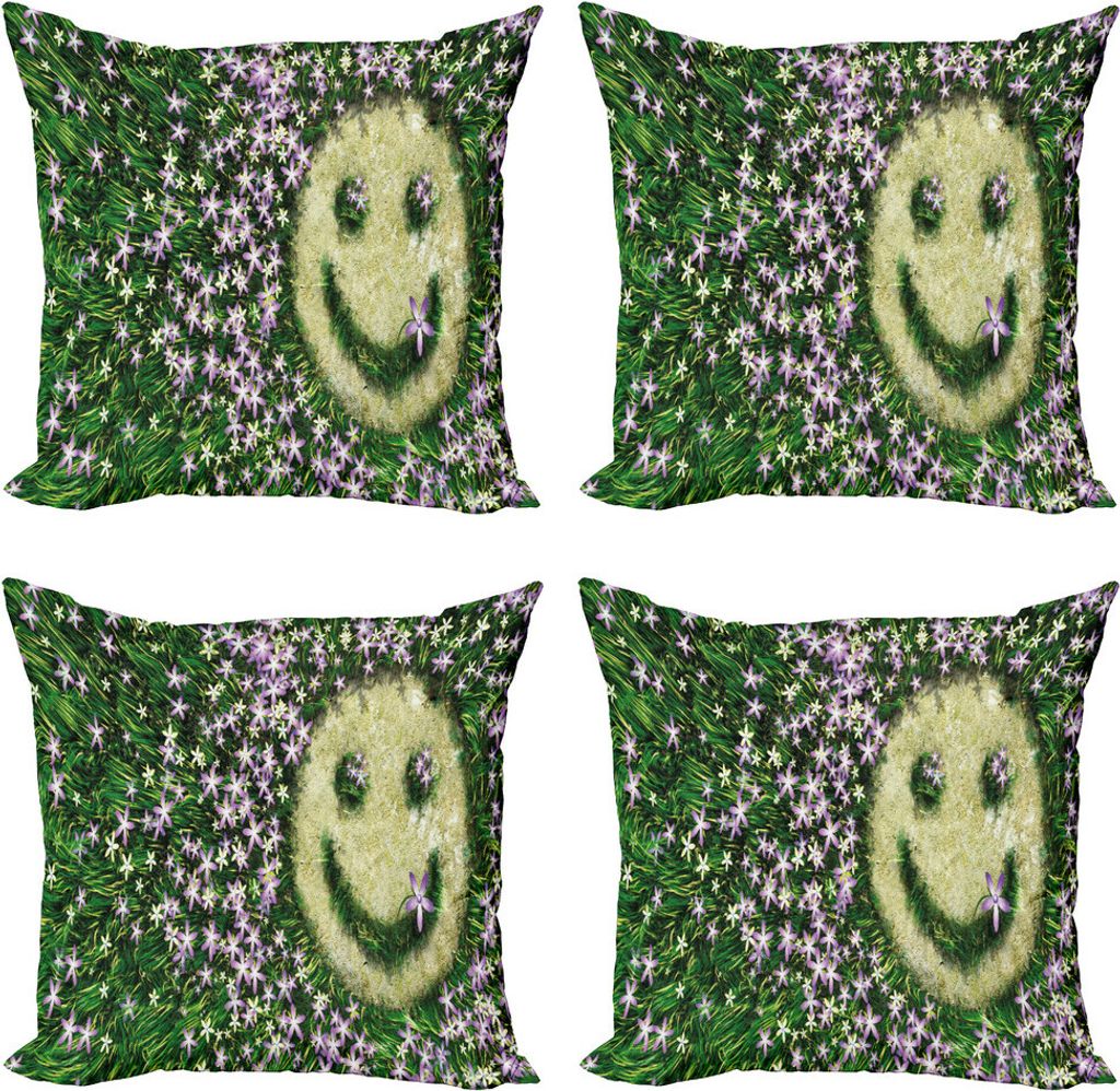ABAKUHAUS Garten Kissenbezug Set (4 Stück), Lächeln Emoticon auf Gras, Moderner Doppelseitiger Digitaldruck, 45 cm x 45 cm, Lavendel-Grün